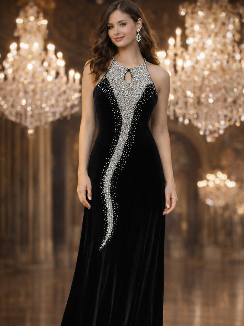 Black Velvet Embellished Formal Gown | Evening Dress | Medium | Prom